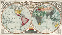 Missionary map of the world showing prevailing religions of its various nations and the central stations of all Protestant missionary societies.