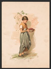 Study. Girl carrying dish of berries / LBH [monogram] ; after Miss L.B. Humphrey., L. Prang & Co., publisher