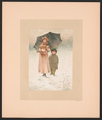 ["In January" - illustration for "Baby's Lullaby Book ... by Charles Stuart Pratt" showing two young children standing in the snow; the young girl on the left is holding an umbrella], L. Prang & Co., publisher