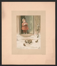 ["In February" - illustration for "Baby's Lullaby Book ... by Charles Stuart Pratt" showing a young girl standing at an open door, holding a bowl from which she is feeding birds on the walkway], L. Prang & Co., publisher