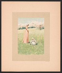 ["In May" - illustration for "Baby's Lullaby Book ... by Charles Stuart Pratt" showing a young child picking flowers in a large field, her mother standing next to her, trees in bloom in the background], L. Prang & Co., publisher