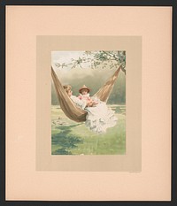 ["In August" - illustration for "Baby's Lullaby Book ... by Charles Stuart Pratt" showing a young woman, sitting in a hammock, holding a young child on her lap, in Summer], L. Prang & Co., publisher