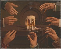 [Seven male hands encircling a mug of beer, sitting on a table, one hand has a cufflink which may have the trademark of Anheuser Busch inscribed on it]