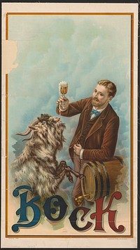 Bock [well-dressed man resting on a keg, holding a glass of beer in his right hand, foam from the glass is dripping down into the goat's open mouth]