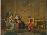 [A young girl stands in front of her family, looking down, while her mother has an open book on her lap and points up with her left hand, there are two other females and one male, who stands behind the females sitted on a sofa]