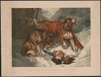 Dogs of St. Bernard rescuing a traveller, after a painting by Sir Edwin Landseer, R.A., published as a supplement to Frank Leslie's illustrated newspaper