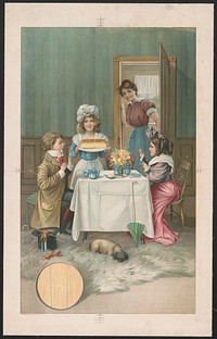 [Interior scene with children having tea and being served bread, a woman is standing in the doorway to the room where the tea party is occuring], Gray Lith. Co., lithographer