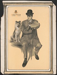 Kirschbaum hand-made, [well-dressed man wearing a suit and bowler hat, sitting on a bench with a dog next to him], 1902.