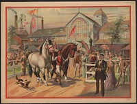 [Horses and  jockeys at the fair with building in the background]