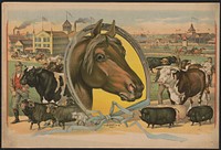 [Horse framed by a horseshoe with fair buildings and a racetrack in the background]