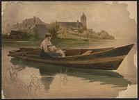 [Woman holding infant in rowboat]