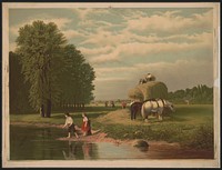 [Boy and girl fishing from the shore of a lake with farmers gathering hay in the background]