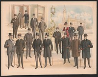 [Men's fashions, one woman in a red dress]