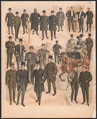 [Men wearing various clothing styles and fashions with horse drawn carriage]