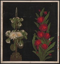 [White water lilies in a two-tiered fountain and red flowers with pointed leaves on black background]