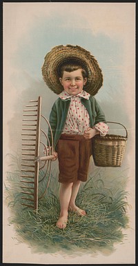 [Little boy with straw hat, basket, and rake]