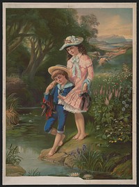 [Barefoot girl and boy by the water]