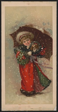 [Girl in red coat with Christmas wreath, umbrella, and puppy in the snow], Gray Lith. Co., lithographer