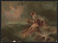 [Man, woman, and girl on shipwreck debris at sea with rainbow above]