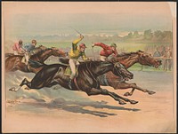 [Horse race depicting four jockeys including one African American]