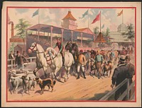 [Procession of horses, sheep, and cows on a race track]