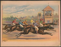 [Finish line of a horse race with six horses and riders]