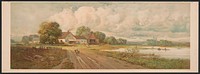 [Farmstead scene with woman and child on the road and men fishing in boats nearby] / P.R. Koehler, N.Y.