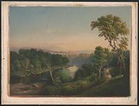 [Landscape with river and two people on a country road]