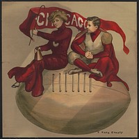 [Cheerleader and football player sitting on giant football with Chicago flag]