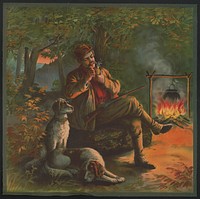 [Man lighting corn cob pipe cooking over an open fire with dogs and rifle]