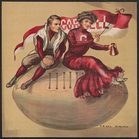 [Football player and cheerleader sitting on giant football with Cornell flag]