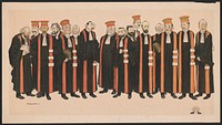 [Men standing in robes with orange sashes and hats facing forward]