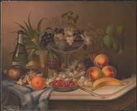 [Fruit and wine on table]
