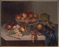 [Peaches in a glass bowl surrounded by grapes, pears, bananas and apples]