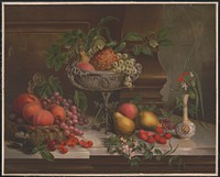 [Fruit in a basket and a bowl with flowers in white, red, and blue vase]