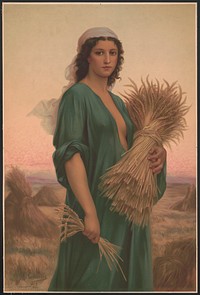 [Woman holding a bundle of wheat in a field]
