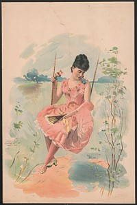 [Woman wearing a pink dress with gold stars sitting on a swing]