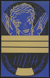 [WPA poster design on blue background showing the head and hands of a woman holding flowers and wheat above a blank banner]