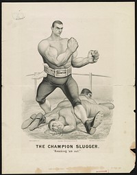 The champion slugger--"Knocking 'em out" / Edw. W. Kemble, del., Currier & Ives.