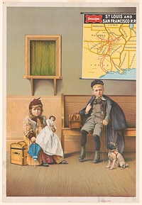 [Girl holding doll and boy with dog in waiting room at railroad station] / The Strobridge Litho Co., Cincinnati, O. U.S.A., Strobridge & Co. Lith.
