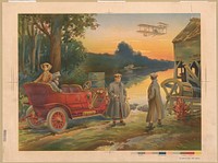 [Two women in automobile, with two men standing alongside, another automobile across river, biplane above, and ruins of water mill on right] / H.C. Ireland.