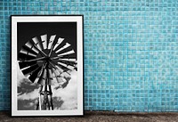 Photo frame mockup, vintage windmill image psd