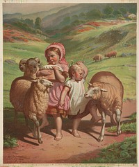 [Two children among 2 sheep and 1 ram]