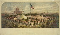 Buildings of the Great Central Fair, in aid of the U.S. Sanitary Commission, Logan Square, Philadelphia, June 1864 / drawn from nature & on stone by James Queen ; printed in oil colors by P.S. Duval & Son, Philad., P.S. Duval & Son (printer)