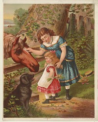 [Two young girls with horse and dog]