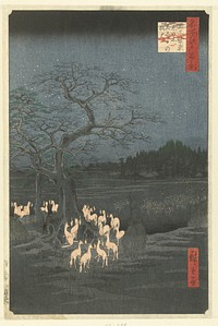 Utagawa Hiroshige (1857) Shozokuenoki Tree at Oji: Fox–fires on New Years Eve. Original public domain image from the Rijksmuseum.