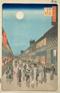 Utagawa Hiroshige (1797 &ndash; 1858)View of the Saruwaka Street by Night, from the series One Hundred Views of Famous Places in Edo. Original public domain image from Art Institute of Chicago.