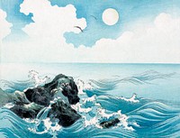 Vintage ocean wave at Kojima Island, vintage Japanese woodcut prints. Original public domain image from the Library of Congress.   Digitally enhanced by rawpixel.