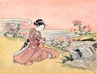 Japanese woman picking chrysanthemum (1725-1770) vintage woodblock print by Suzuki Harunobu. Original public domain image from the Library of Congress.    Digitally enhanced by rawpixel.