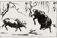 Two oxen (1679-1748) vintage Japanese woodcut by Tachibana Morikuni. Original public domain image from the Library of Congress.   Digitally enhanced by rawpixel.